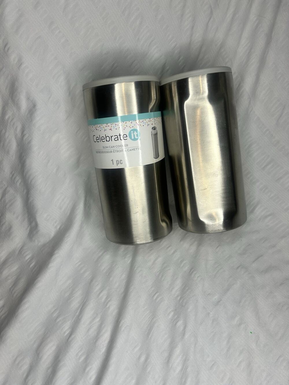 SET OF 2 CELEBRATE IT SLIM CAN COOLER STAINLESS STEEL 6 1/8" X 2 3/4"